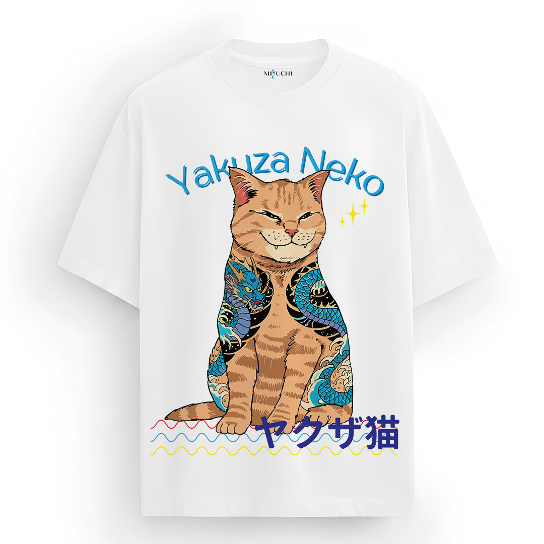Mizuchi Yakuza Neko Tee front: Orange cat dragon tattoos on premium white 100% cotton t-shirt Monochrome Series.