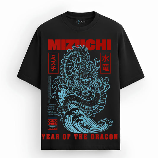 Mizuchi Year of the Dragon Tee front: Cyan coiling dragon waves on premium black 100% cotton t-shirt Monochrome Series.