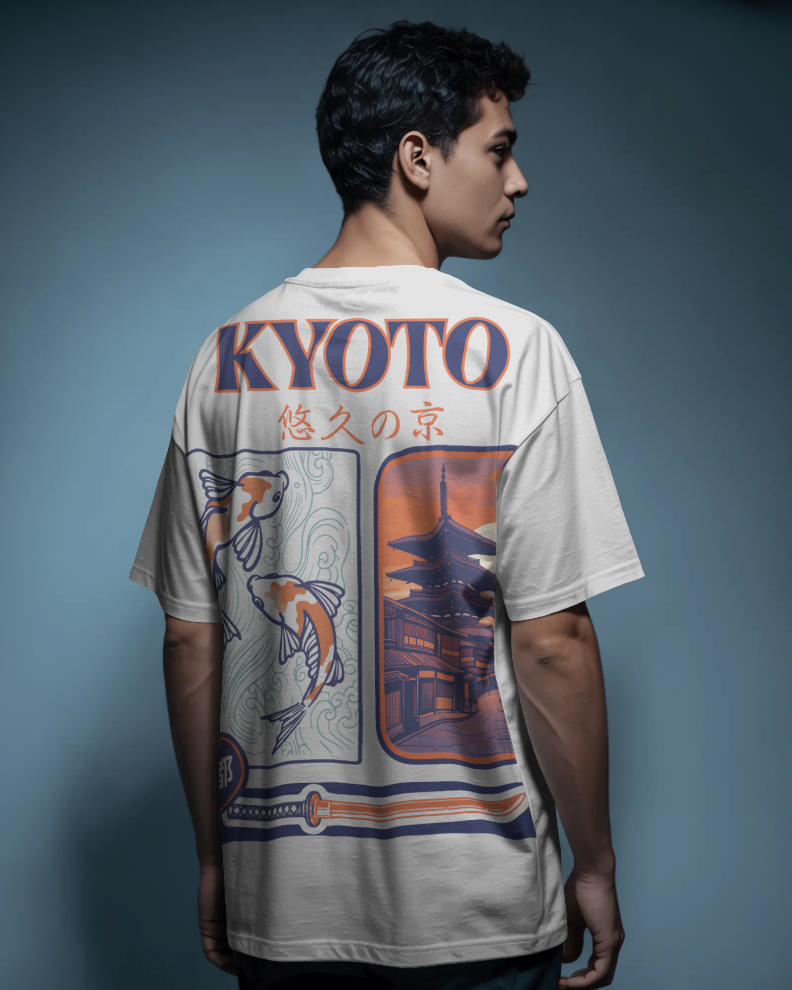 remium Mizuchi Kyoto koi tee: Traditional carp pond on 100% cotton white t-shirt Monochrome Japan inspired.