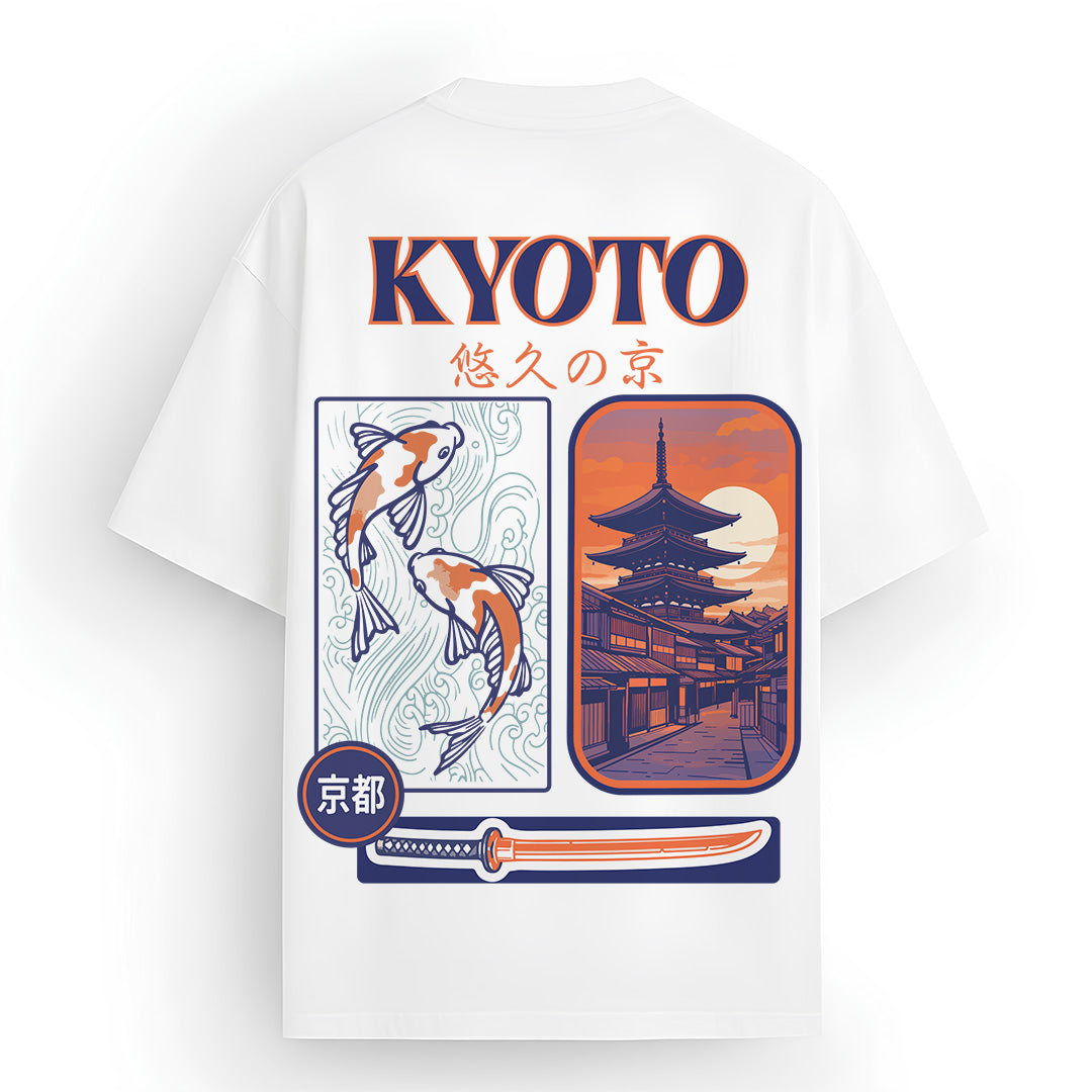 Mizuchi Yin Yang Kyoto Tee back: Kyoto temple sunset koi katana on premium white 100% cotton t-shirt Monochrome Series.