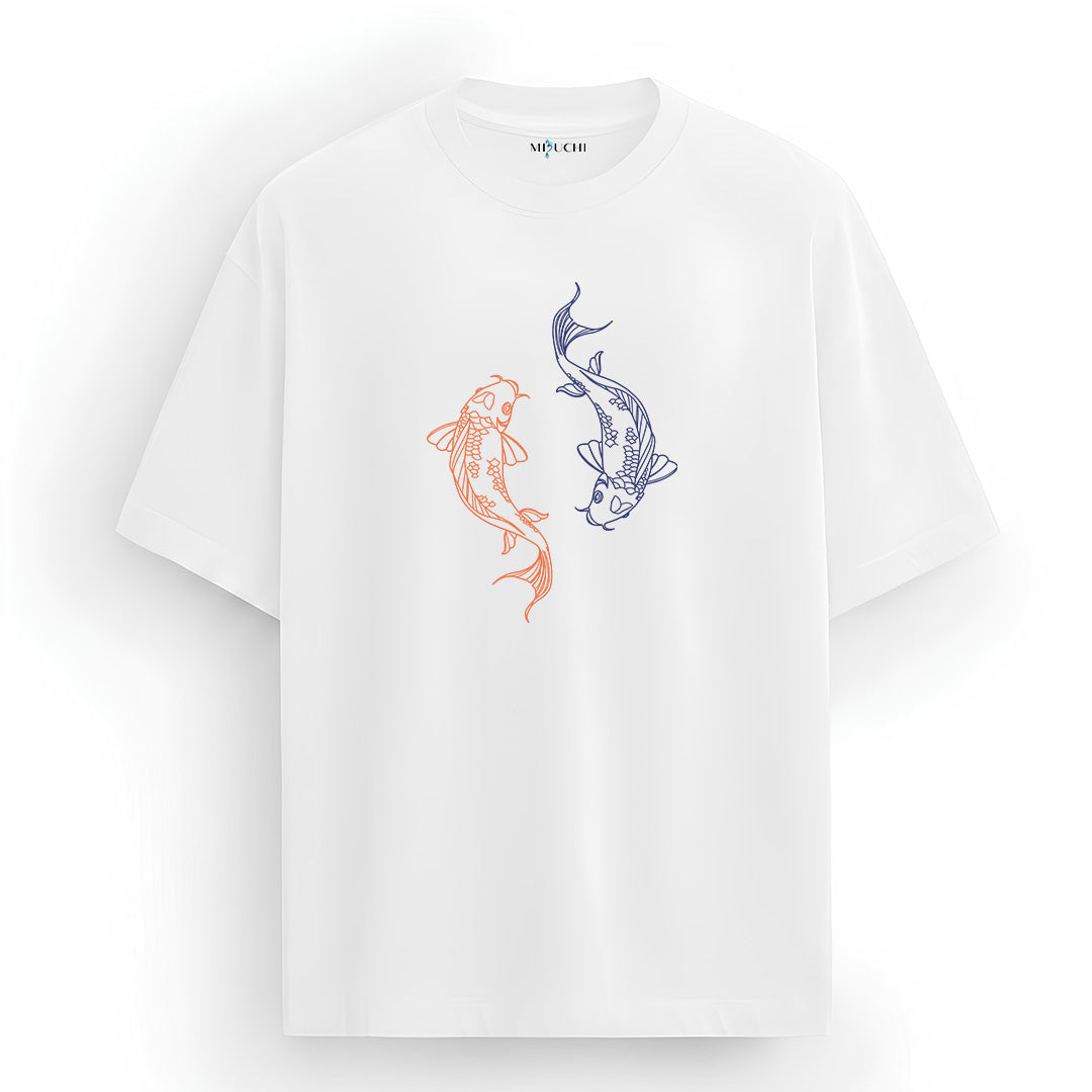 Mizuchi Yin Yang Kyoto Tee front: Orange blue koi carp swimming on premium white 100% cotton t-shirt Monochrome Series.