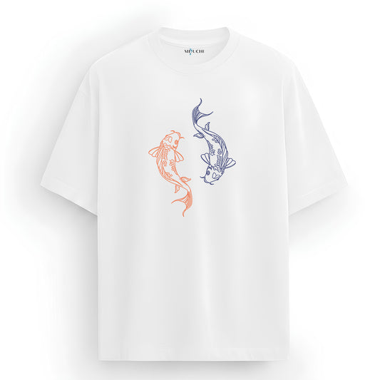 Mizuchi Yin Yang Kyoto Tee front: Orange blue koi carp swimming on premium white 100% cotton t-shirt Monochrome Series.