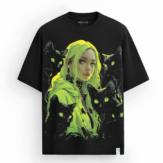 Neon Nightshade oversized Japanese streetwear T-shirt, neon green girl, black cats, Mizuchi.