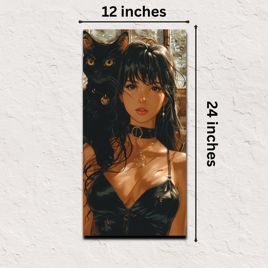 Japanese poster online – Night Enchantress gothic woman and cat art print 12x24 inch decor
