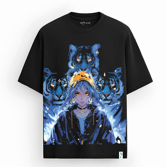 Night Tiger Instinct oversized Japanese streetwear T-shirt by Mizuchi Clothing with neon blue tiger design.
