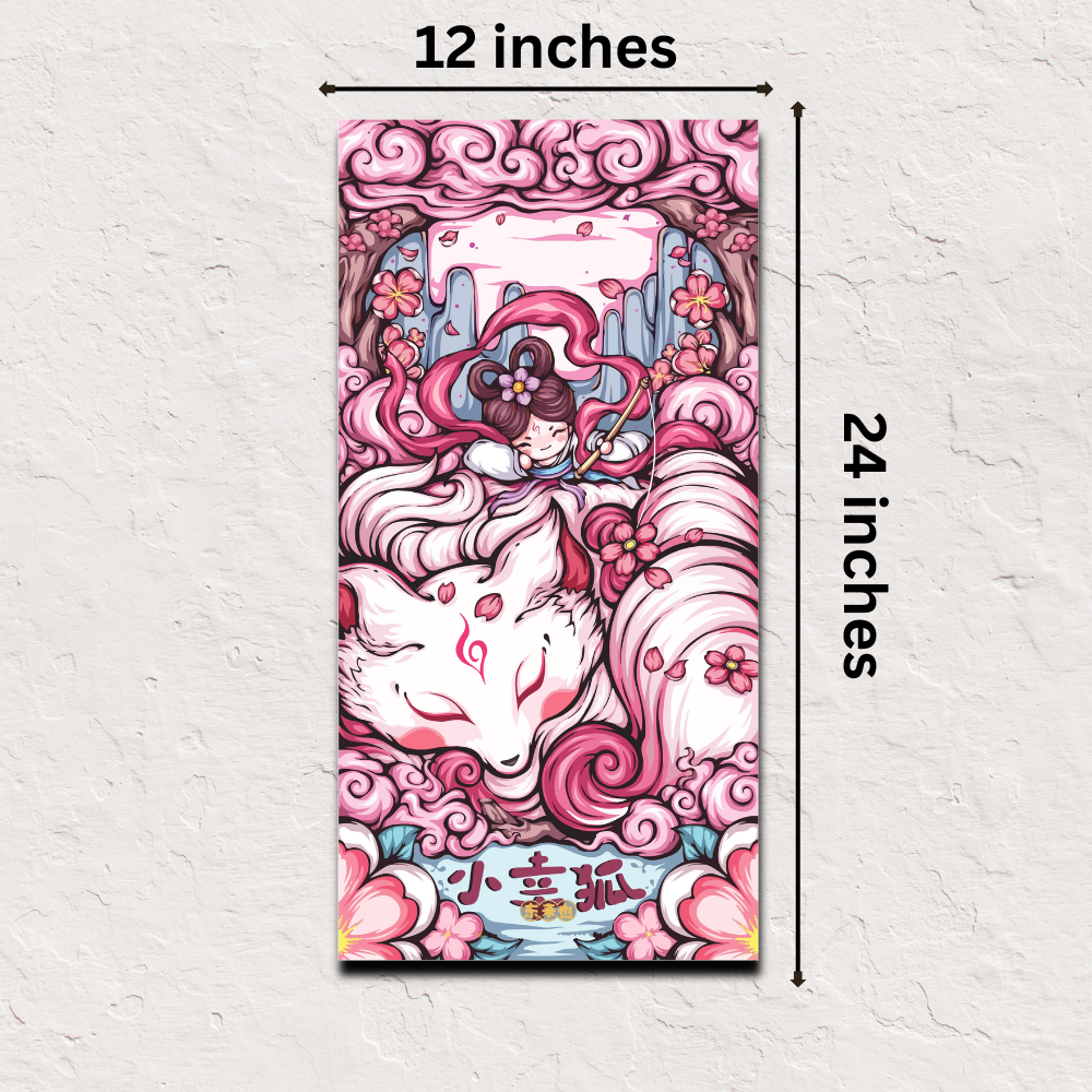 Japanese poster online – Pink Fox Guardian art print 12x24 inch fantasy decor