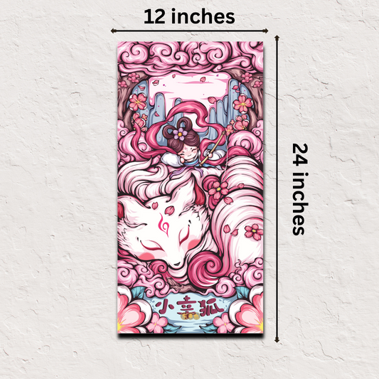 Japanese poster online – Pink Fox Guardian art print 12x24 inch fantasy decor
