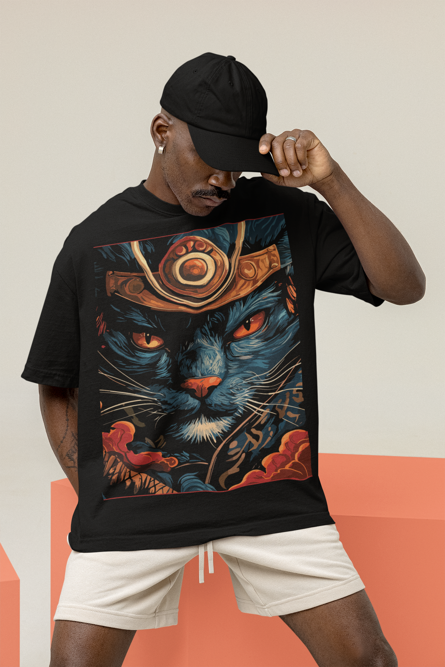 Japanese tee, Raijin Neko Thunder, myth-inspired cat, thunderbolt art, oversized by Mizuchi.