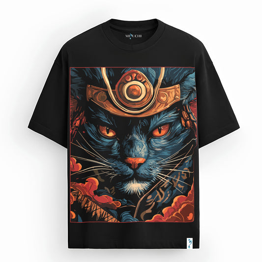Raijin Neko Thunder oversized Japanese streetwear T-shirt, lightning cat design, Mizuchi Nightvision Series.