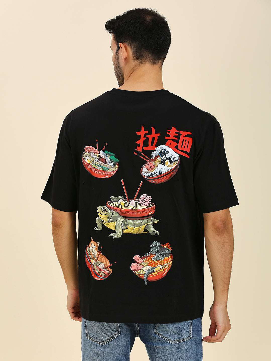 Japanese oversized tee, Ramen Yume design, food culture art, black background, Mizuchi.