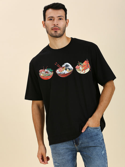 Ramen Yume oversized Japanese streetwear T-shirt, ramen bowls, culinary art, Mizuchi Nightvision Series.