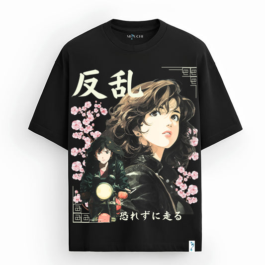 Japanese streetwear t-shirt – Rebel Rider oversized tee with biker girl and cherry blossom graphic