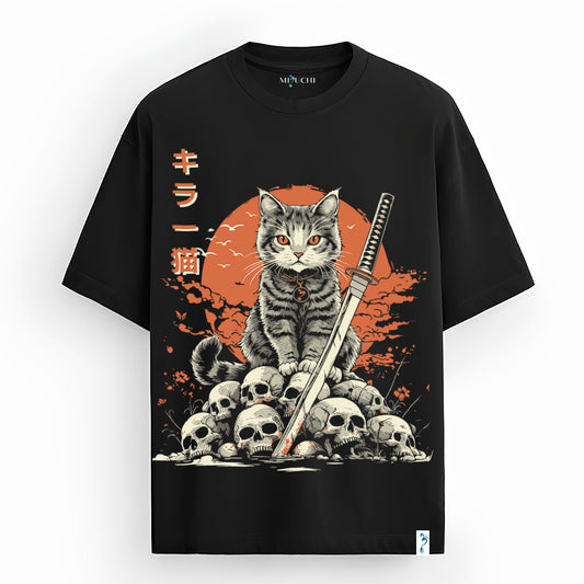 Samurai Cat Eclipse oversized T-shirt by Mizuchi Clothing with samurai cat, katana, and red moon from Nightvision Series.
