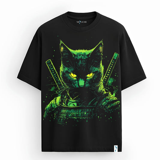 Shadow Samurai Neko oversized Japanese streetwear T-shirt, black samurai cat, neon green accents, Mizuchi Nightvision Series.