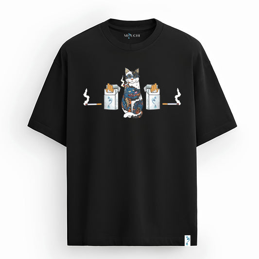 Smoking Neko oversized Japanese streetwear T-shirt, cat with glasses, kanji art, Mizuchi Clothing, Nightvision Series.