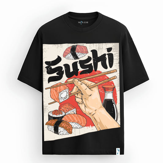 Sushi Street oversized Japanese streetwear T-shirt, sushi rolls, chopsticks, Mizuchi Nightvision Series, pop-art.