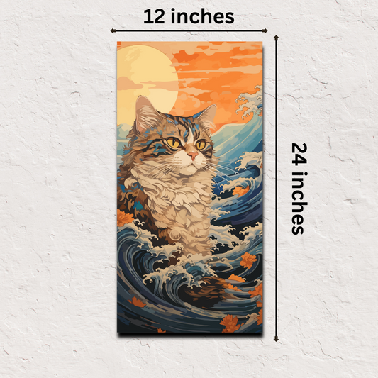 Japanese poster online – Waves & Majesty regal cat art print 12x24 inch decor