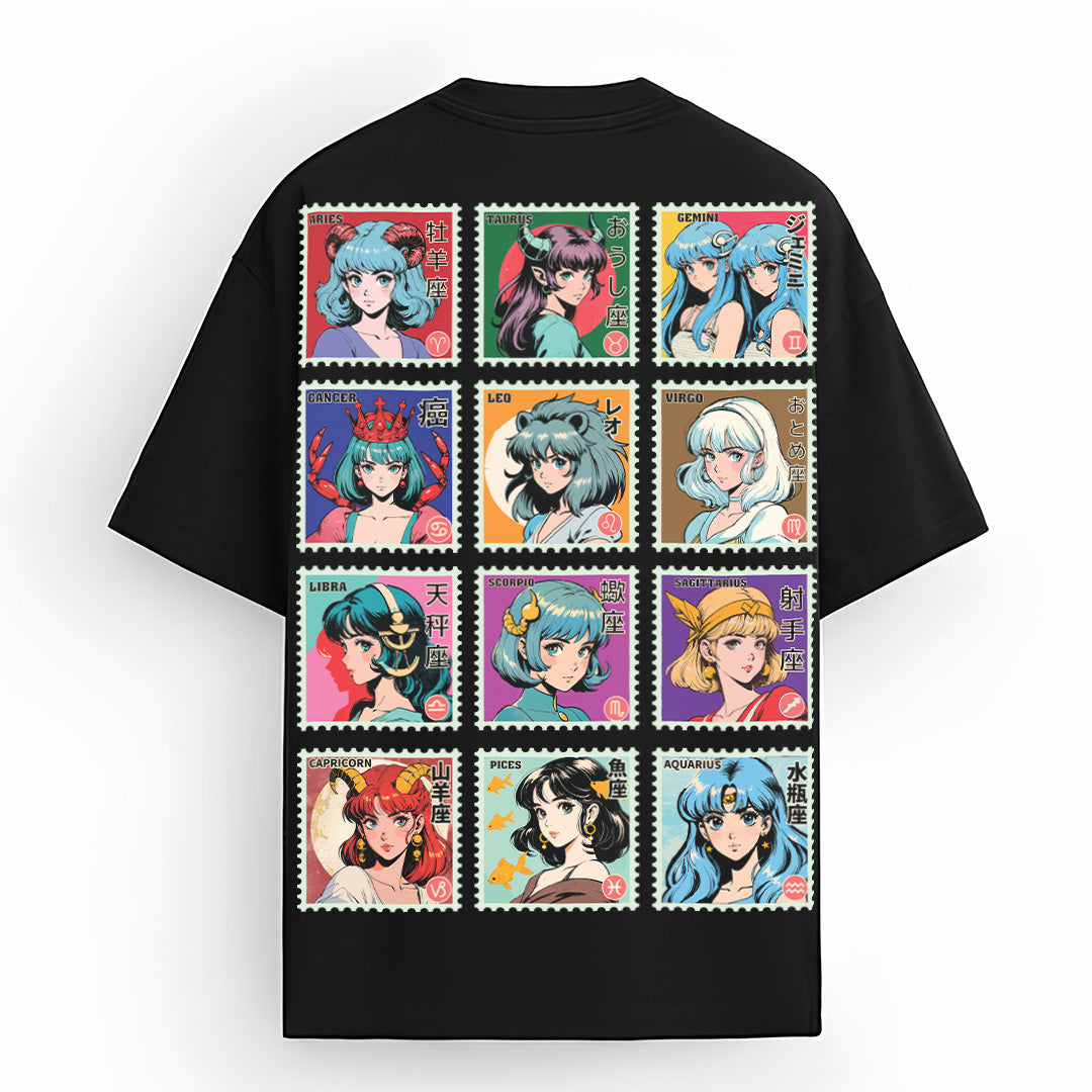 Oversized Japanese tee featuring zodiac anime stamps and vibrant sign art, Mizuchi Clothing.