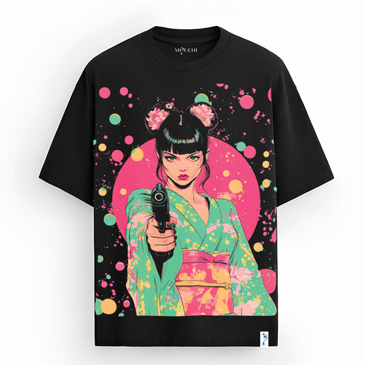 Yakuza Blossom oversized Japanese streetwear T-shirt, kimono girl, cosmic backdrop, Mizuchi Nightvision Series.