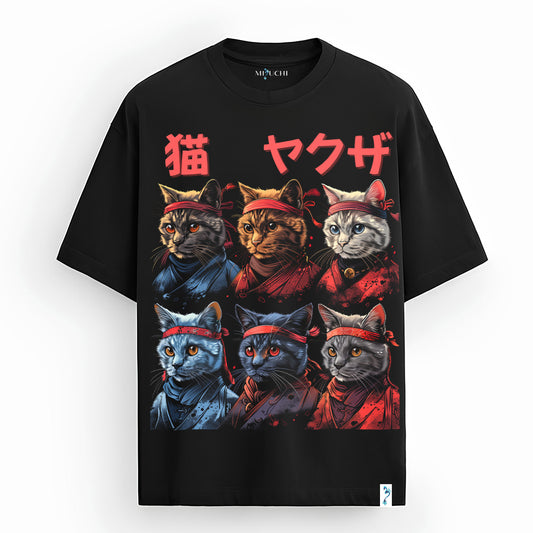 Yakuza Neko oversized Japanese streetwear T-shirt by Mizuchi with yakuza cats, red kanji, Nightvision Series.